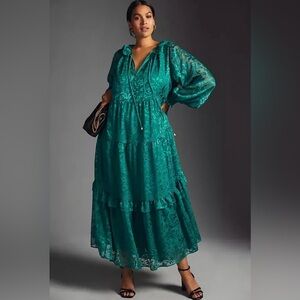 Anthropologie Marais Satin Maxi Dress Burnout Tiered Dark Green Size Small